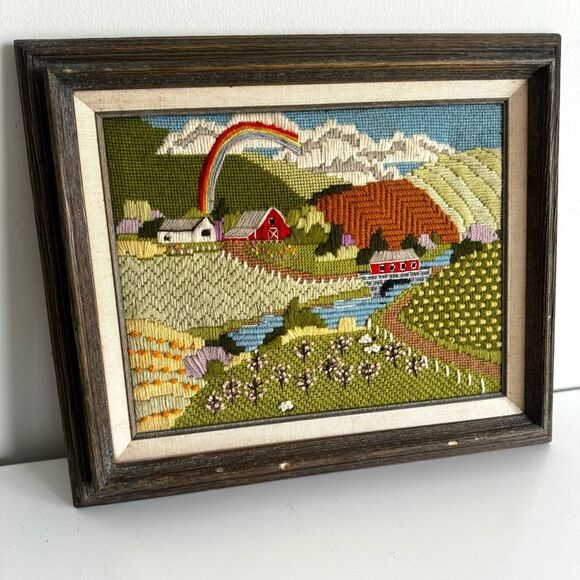 Vintage 70’s Framed Needlepoint Crewel Cottage Core Farmhouse Landscape Scene - Picture 2 of 6